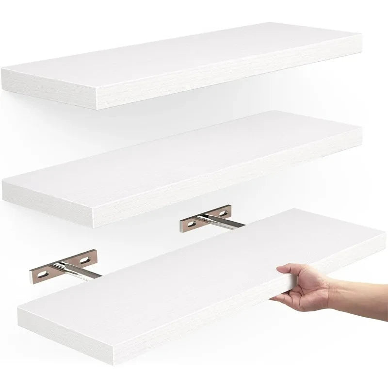 White wooden floating wall shelves with hidden brackets shown in various angles.