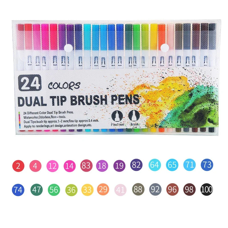 A set of 24 dual tip brush pens featuring various colors for art and design work.