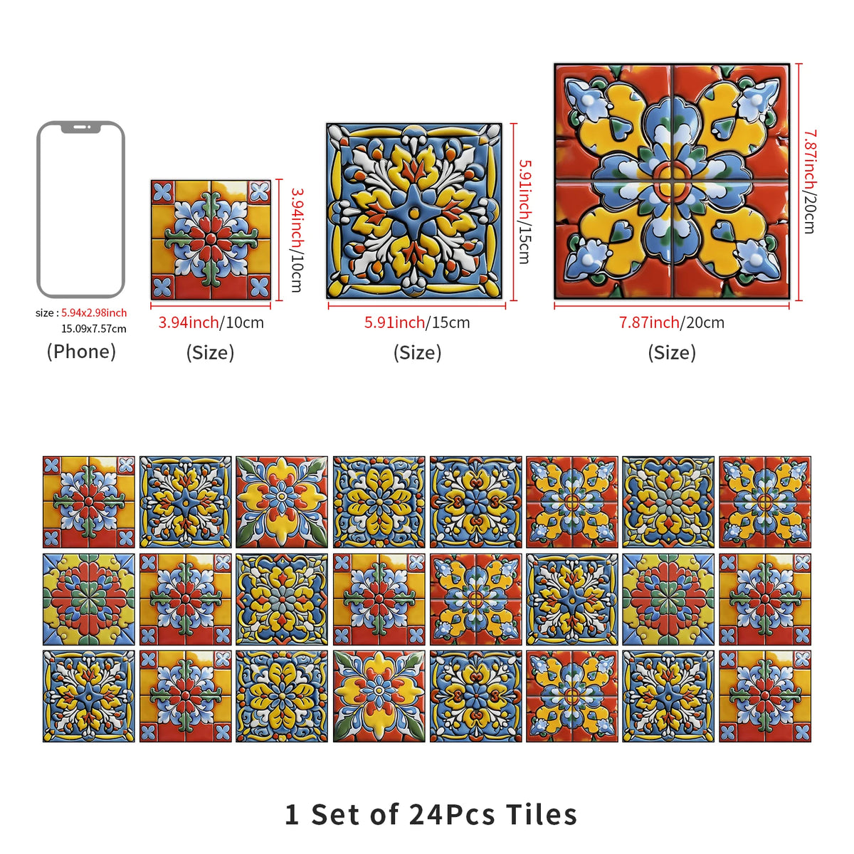 A set of 24 self-adhesive waterproof wall tiles featuring colorful floral patterns in yellow, blue, and red.