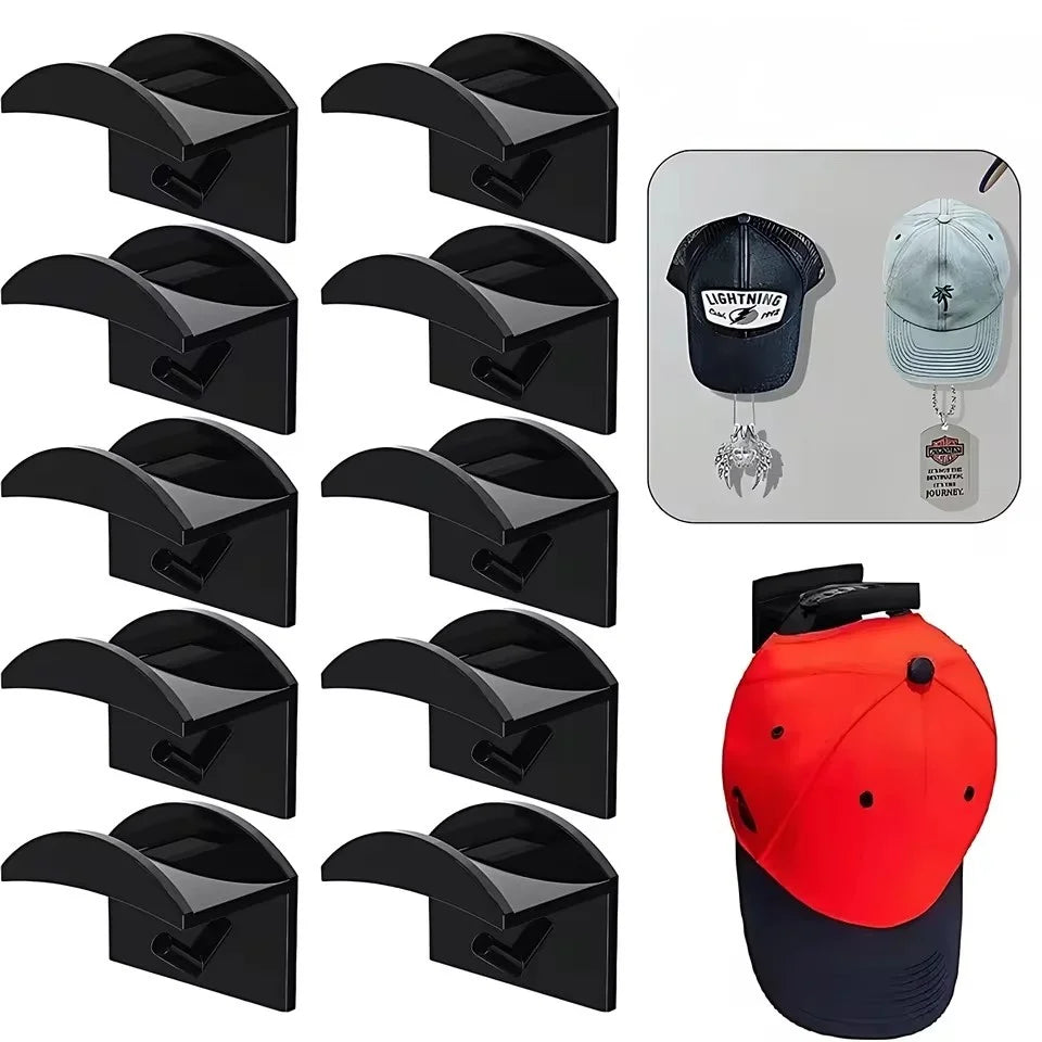 Black and red adhesive hat hooks for wall storage shown in various angles