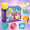 A box of squishy fun box sensory toys including cheese cubes, bread, and strawberry items.