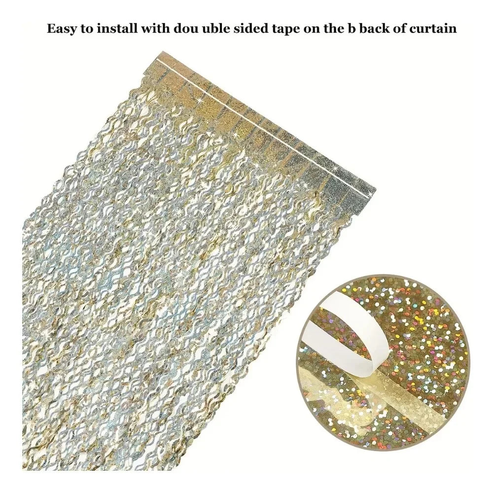 Gold laser wavy foil fringe curtain decor with double-sided tape for easy installation
