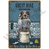 A vintage metal sign featuring a dog statue and text for a bathroom decor