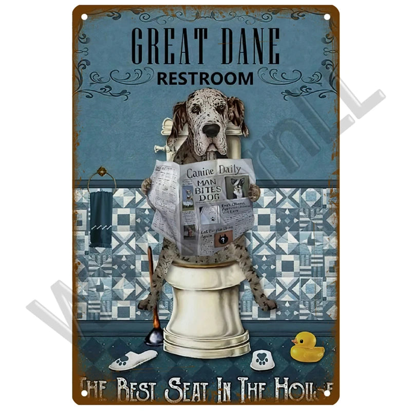 A vintage metal sign featuring a dog statue and text for a bathroom decor