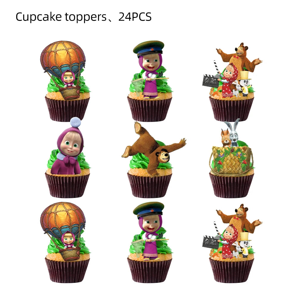 A set of cupcake toppers featuring Masha and Bear characters in various colors and designs.