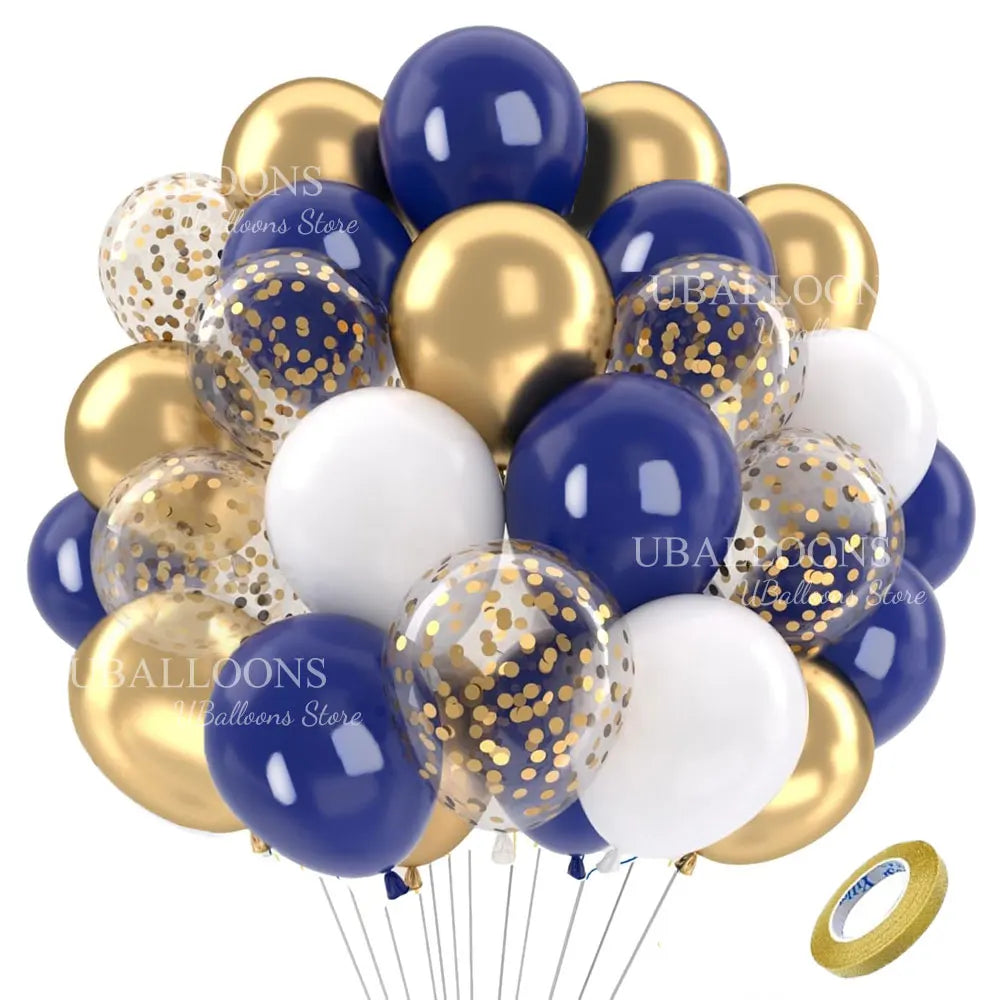 A cluster of navy blue and gold party balloons with metallic and pearl finishes.
