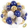 A cluster of navy blue and gold party balloons with metallic and pearl finishes.