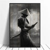 A dramatic black and white painting of a samurai figure wearing a conical hat and armor.