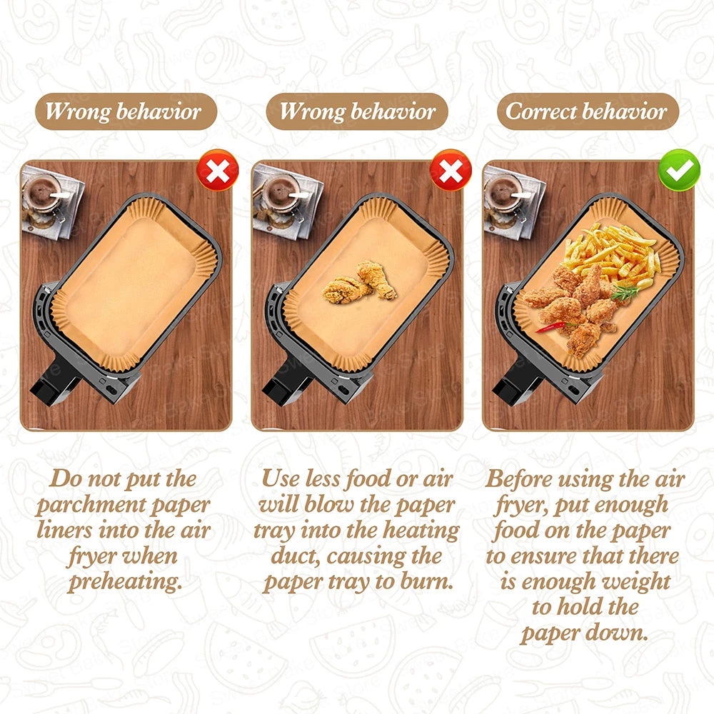 Comparison showing wrong and correct behavior when using disposable parchment paper liners in an air fryer.
