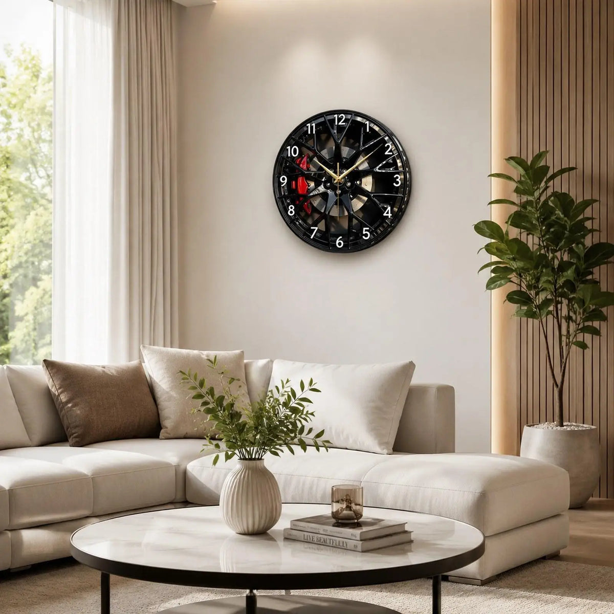 A creative 2D tire wheel acrylic wall clock hangs on a white wall above a modern sofa and coffee table.