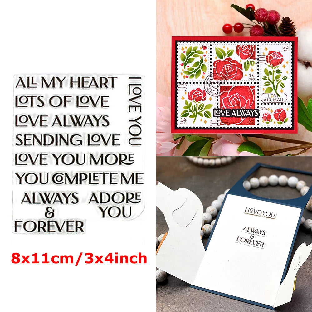 A set of floral love words stencils and stamps for DIY scrapbooking featuring red roses and hearts on a white background.