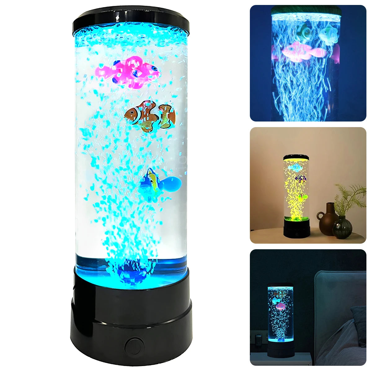 A tall, cylindrical LED fish lamp emits bright blue light and features colorful animated fish.
