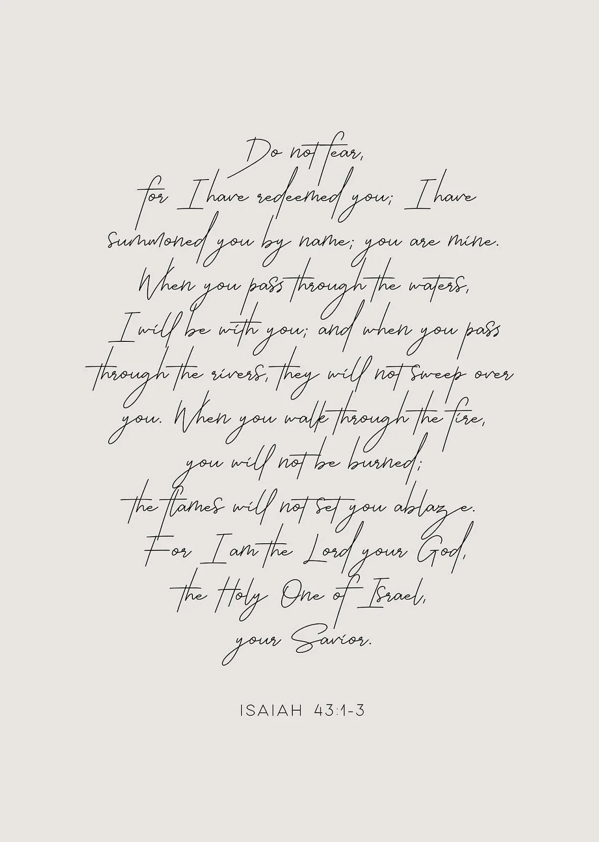 A black and white text rendering of Isaiah 43:1-3 on a light background.