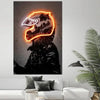 Wall art featuring a silhouette of a motorcycle helmet glowing with neon orange light against a dark background.