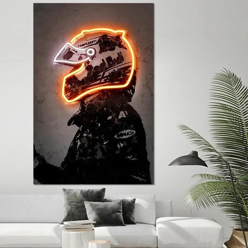 Wall art featuring a silhouette of a motorcycle helmet glowing with neon orange light against a dark background.