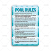Panneau bleu intitulé Règles de la piscine listant diverses réglementations de sécurité pour l'utilisation de la piscine.