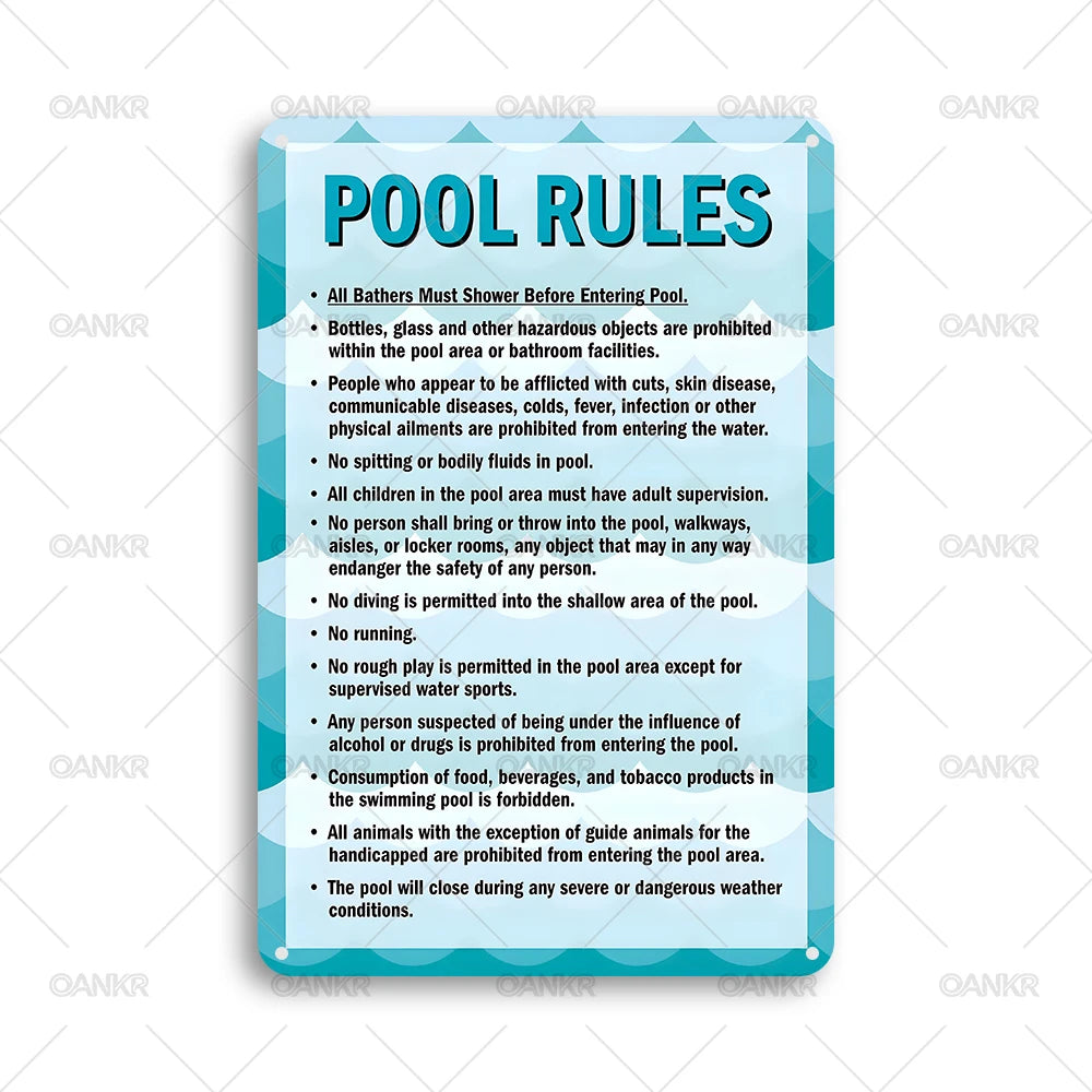 Panneau bleu intitulé Règles de la piscine listant diverses réglementations de sécurité pour l'utilisation de la piscine.