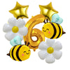 A set of six yellow and white bee-shaped balloons and a gold number 6 balloon for a party decoration set.