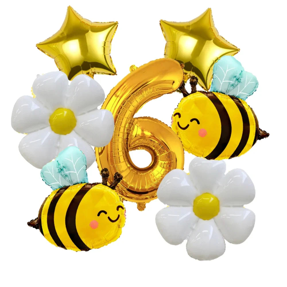 A set of six yellow and white bee-shaped balloons and a gold number 6 balloon for a party decoration set.