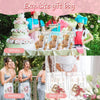 A collection of clear reusable PVC gift bags for birthday, wedding, and baby gifts displayed on a table.