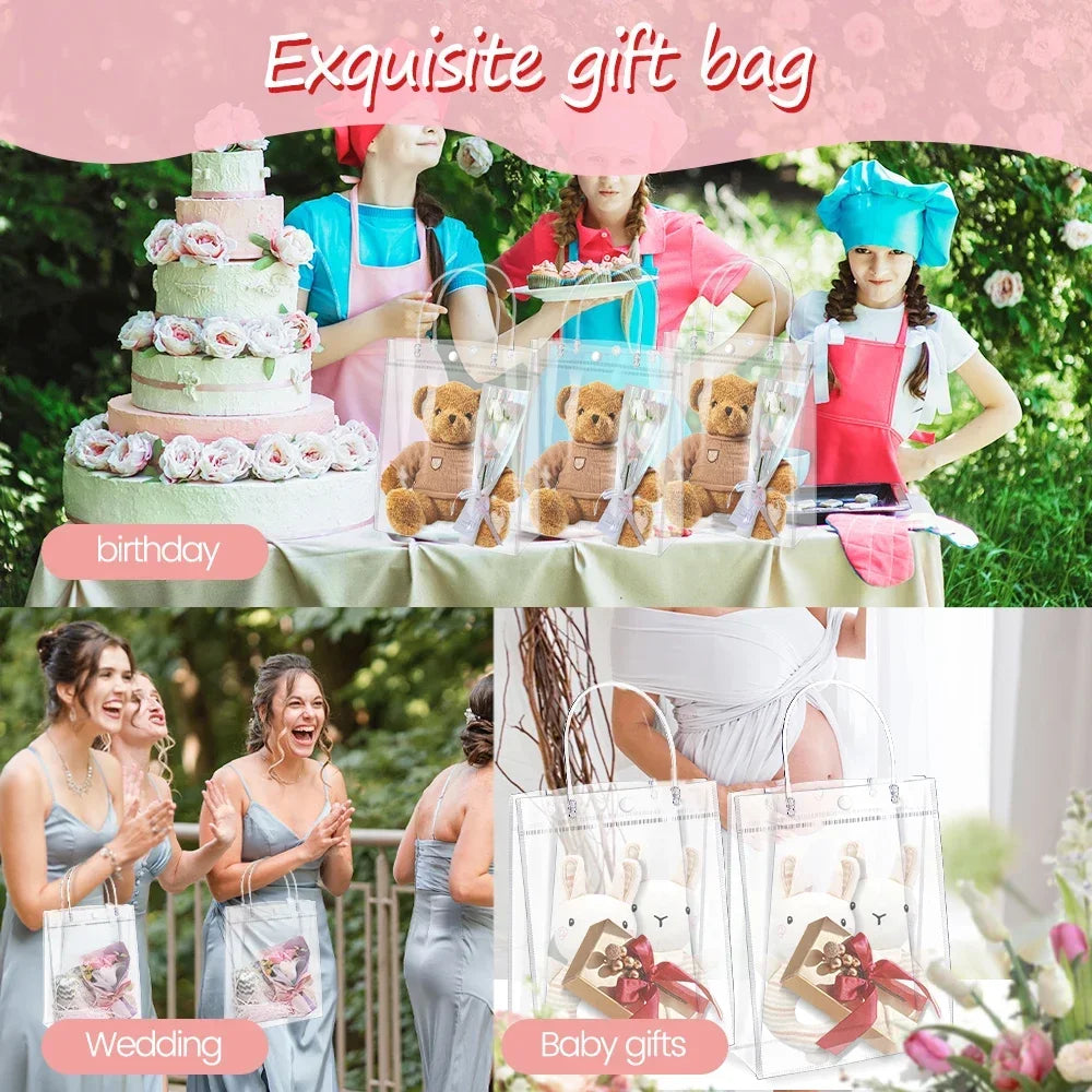 A collection of clear reusable PVC gift bags for birthday, wedding, and baby gifts displayed on a table.