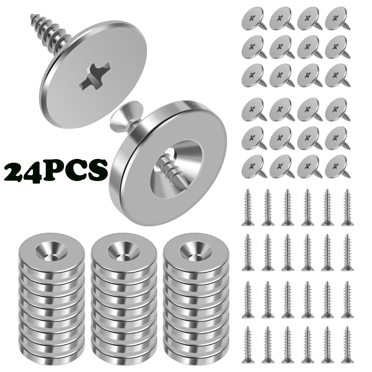 A collection of heavy duty metal cabinet door magnetic closers and various metal fasteners are shown.