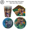 A kit containing 8 plates, 8 cups, and 24 napkins featuring dinosaur designs.