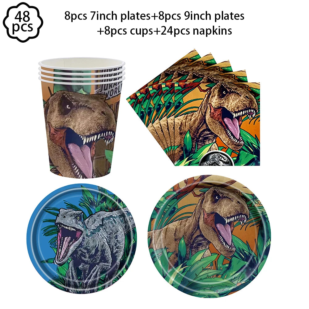 A kit containing 8 plates, 8 cups, and 24 napkins featuring dinosaur designs.
