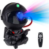 A black astronaut-like device is shown projecting a bright blue and pink light beam.