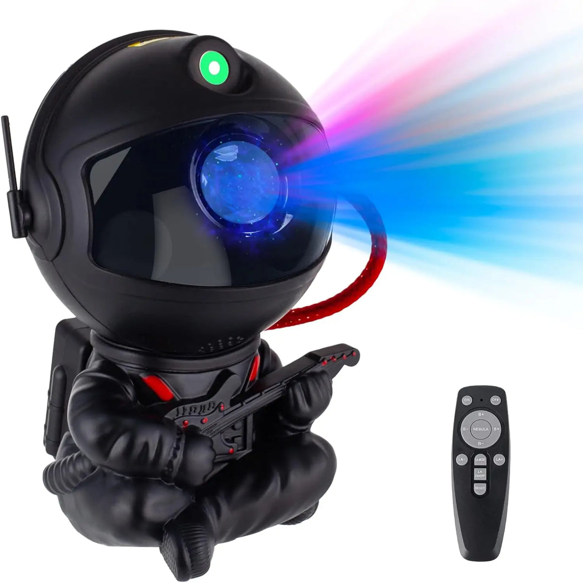 A black astronaut-like device is shown projecting a bright blue and pink light beam.