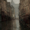A dark oil painting depicting a narrow canal reflecting tall buildings and a spire in a European village scene.