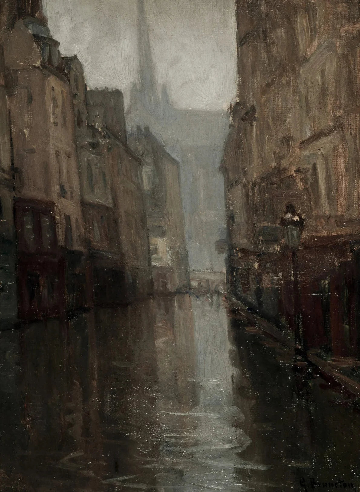 A dark oil painting depicting a narrow canal reflecting tall buildings and a spire in a European village scene.