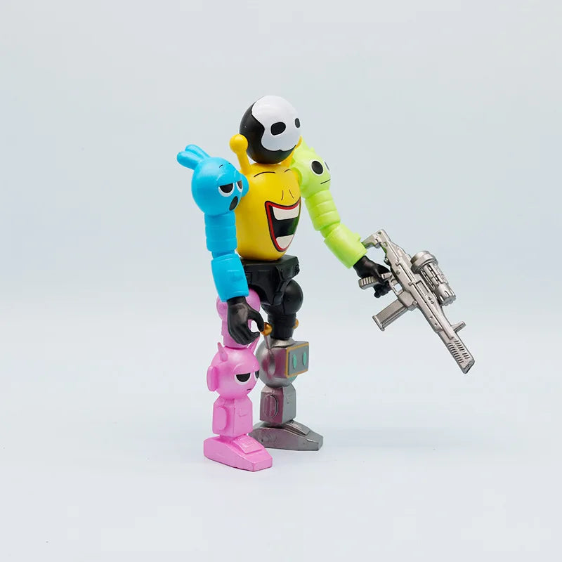 A set of colorful robot figures, including a yellow and black figure, a blue figure, and a pink figure, arranged together.