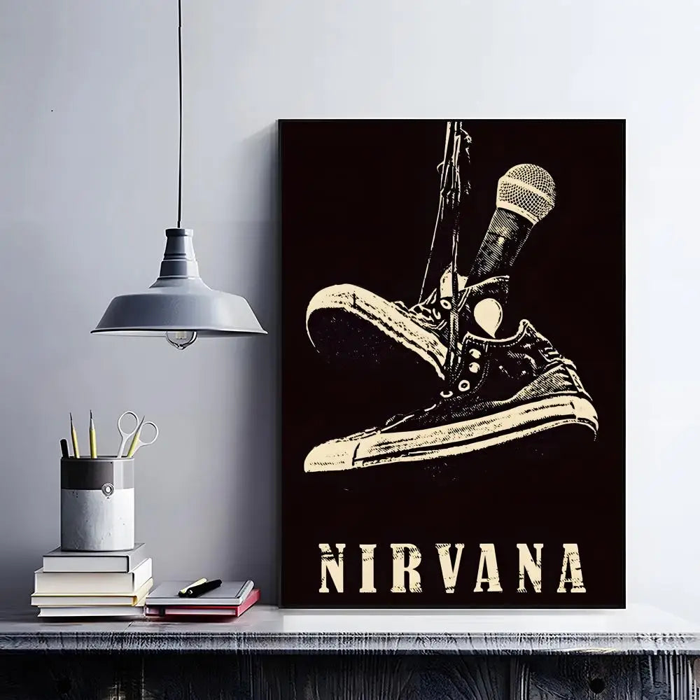 A black poster featuring a vintage boot and microphone design with the word NIRVANA in distressed white text.