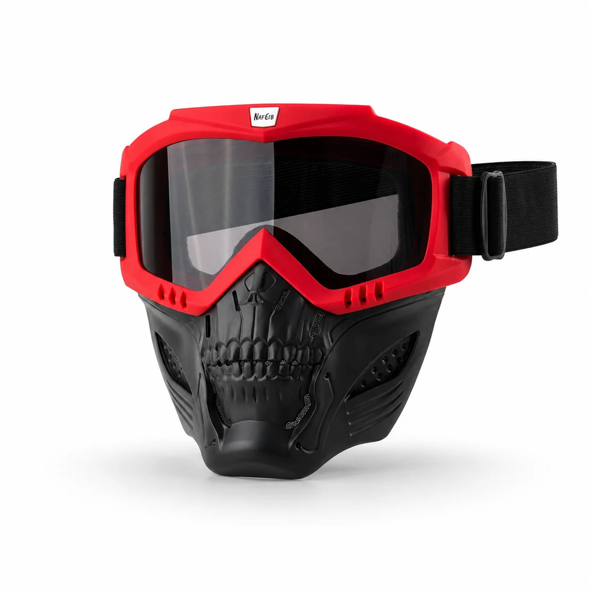 Red full face skull riding goggles with black frame and strap