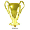 A shiny gold standing soccer balloon shaped like a football with handles.