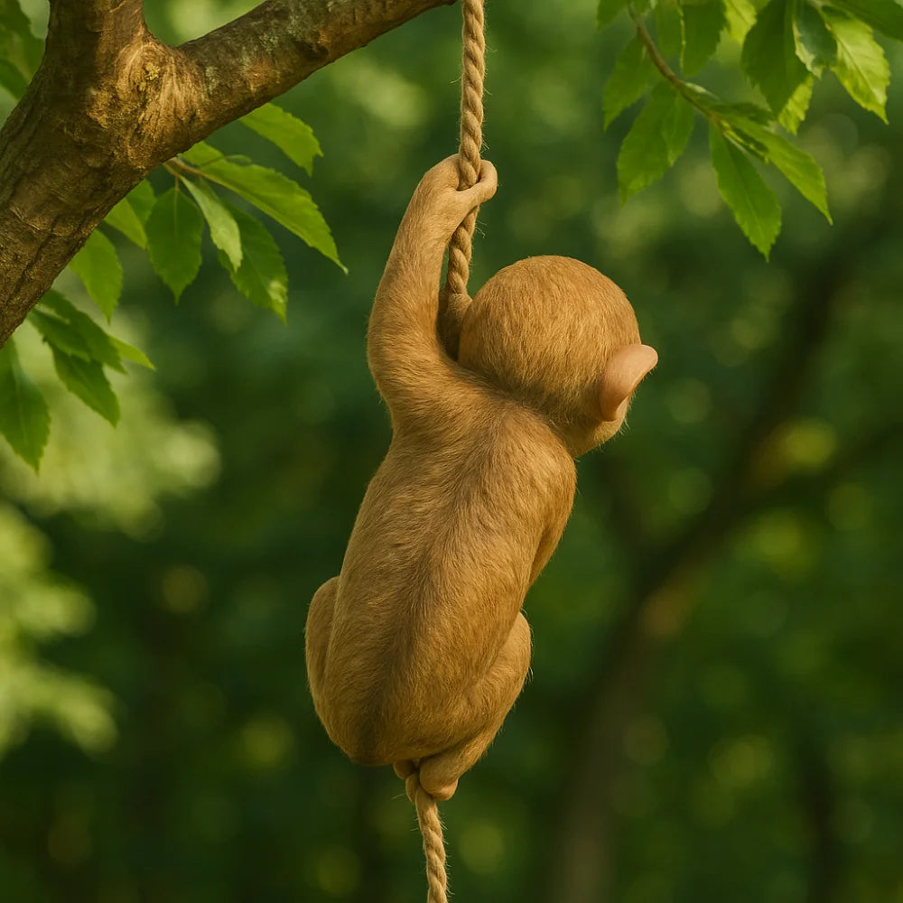 A small, light brown monkey figurine is hanging from a rope branch in a lush green outdoor setting.