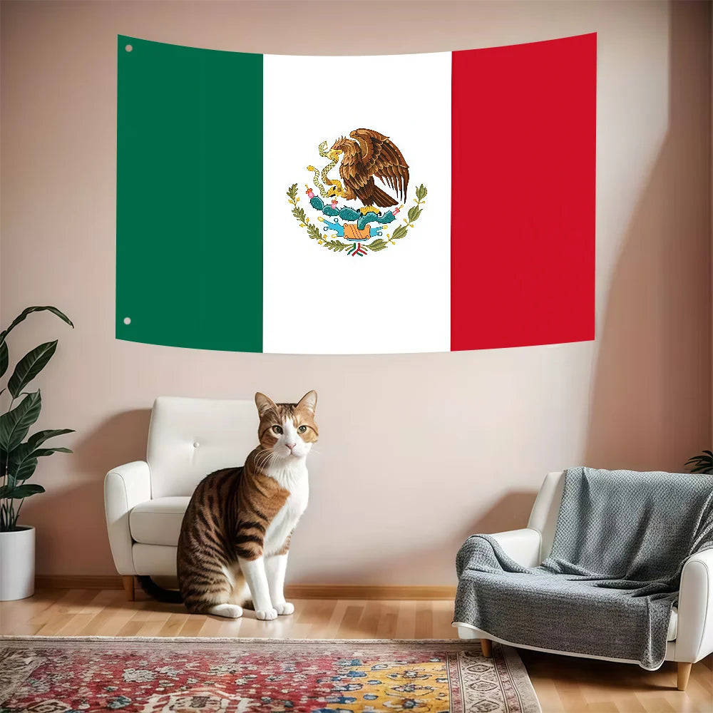 A decorative banner featuring the flag of Mexico, green, white, and red, displayed on a wall.
