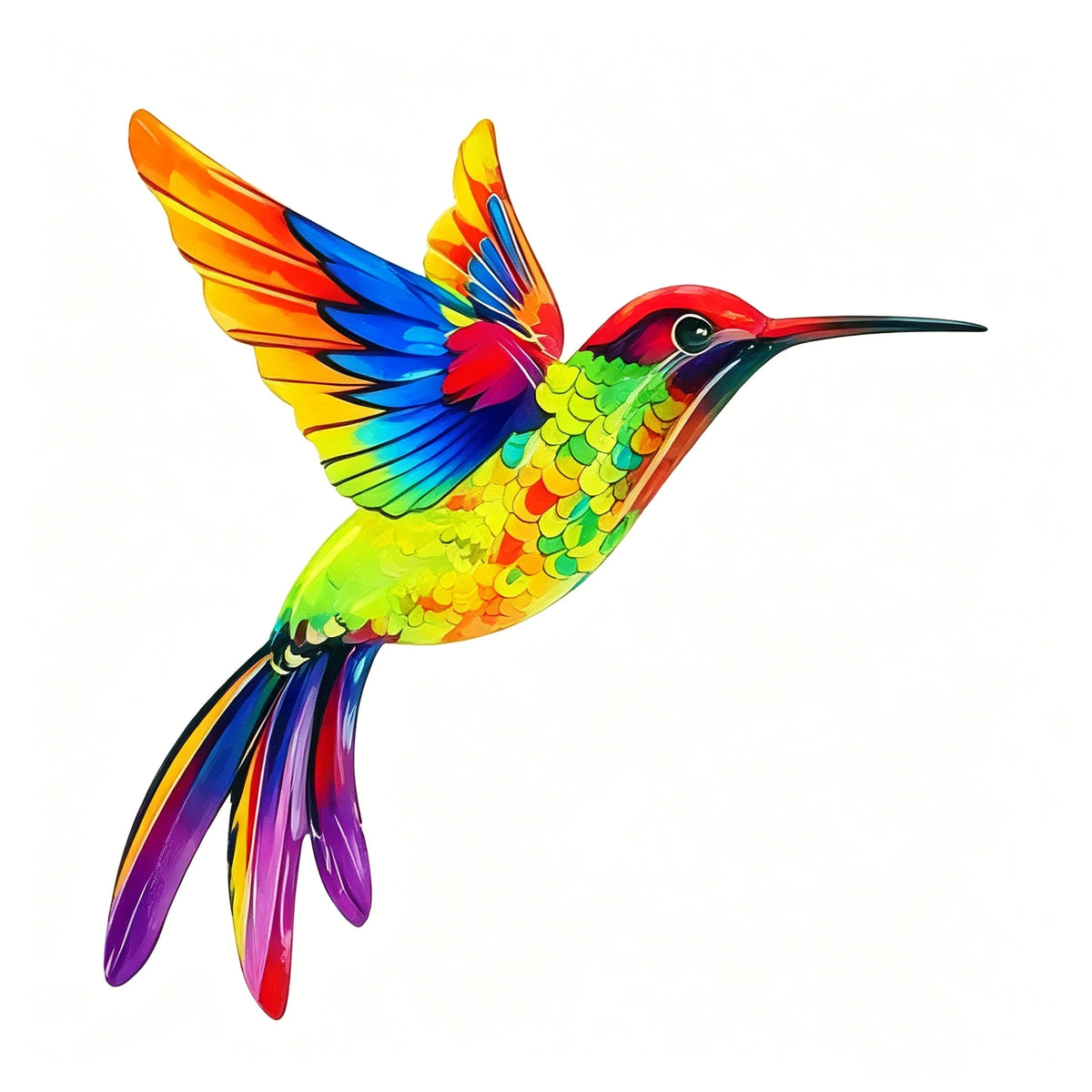 A vibrant, colorful metal hummingbird wall art featuring iridescent blues, greens, oranges, and purples.