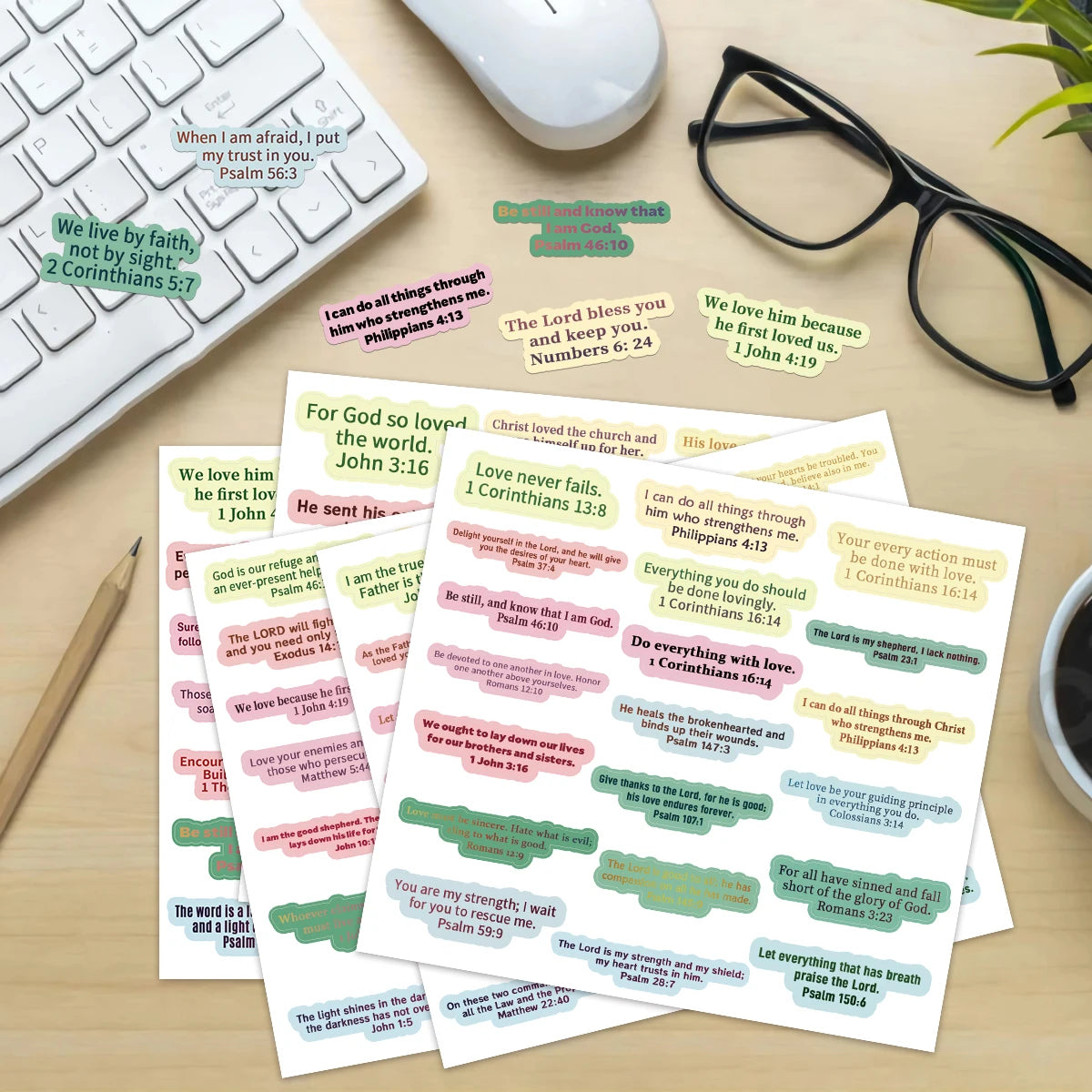 A collection of colorful Bible verse stickers featuring verses like Psalm 56:3, Philippians 4:13, and John 4:19.