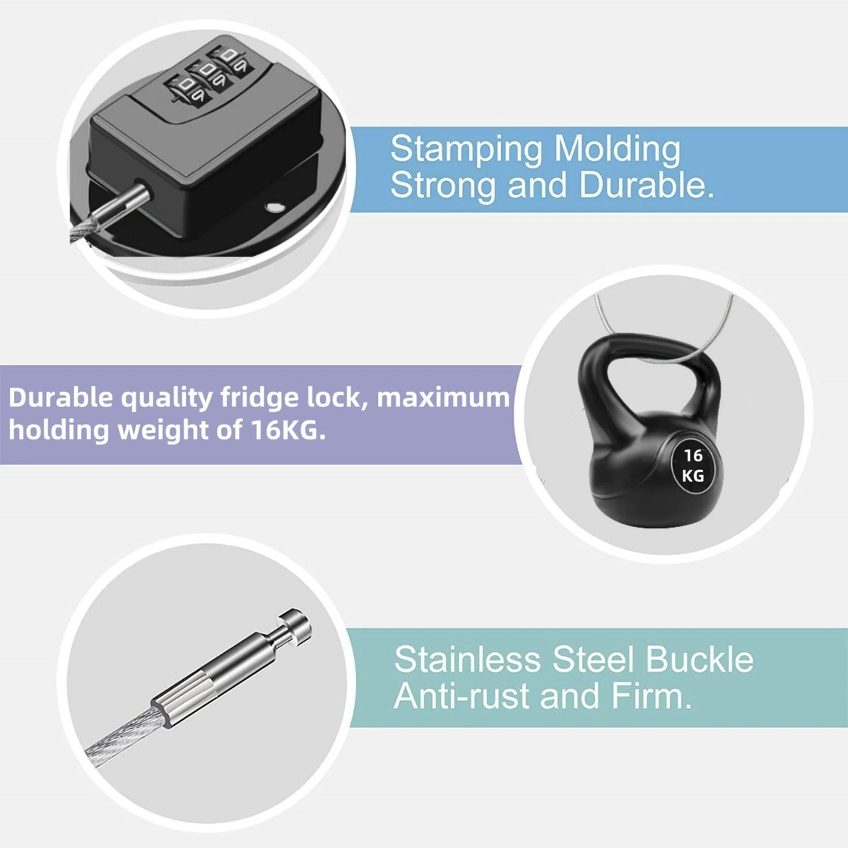 Image showing a black stamping molding and a durable fridge lock with a stainless steel buckle.