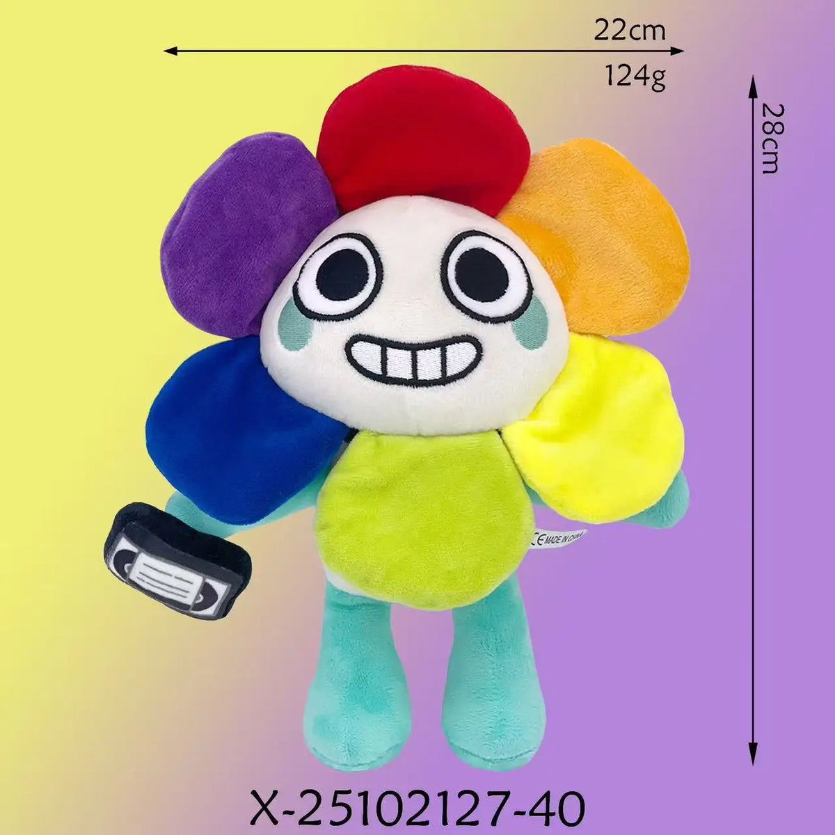 A colorful plush toy with a round body, large head, and various colored appendages against a light background.