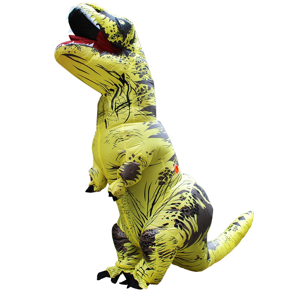 Yellow inflatable adult T-Rex costume with black markings