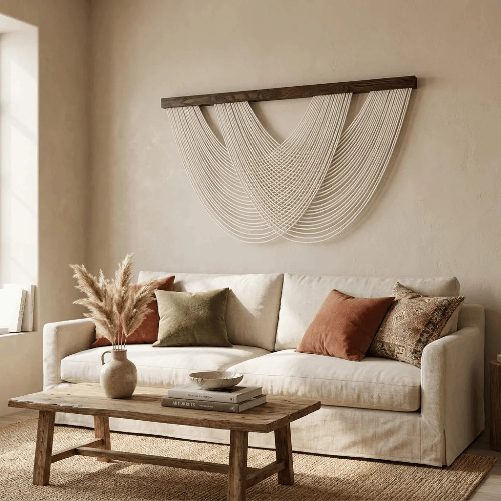 A bohemian macrame wall tapestry hangs on a beige wall above a light sofa and wooden coffee table.