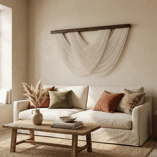 Une tapisserie macramé bohème accrochée à un mur beige au-dessus d'un canapé clair et d'une table basse en bois.