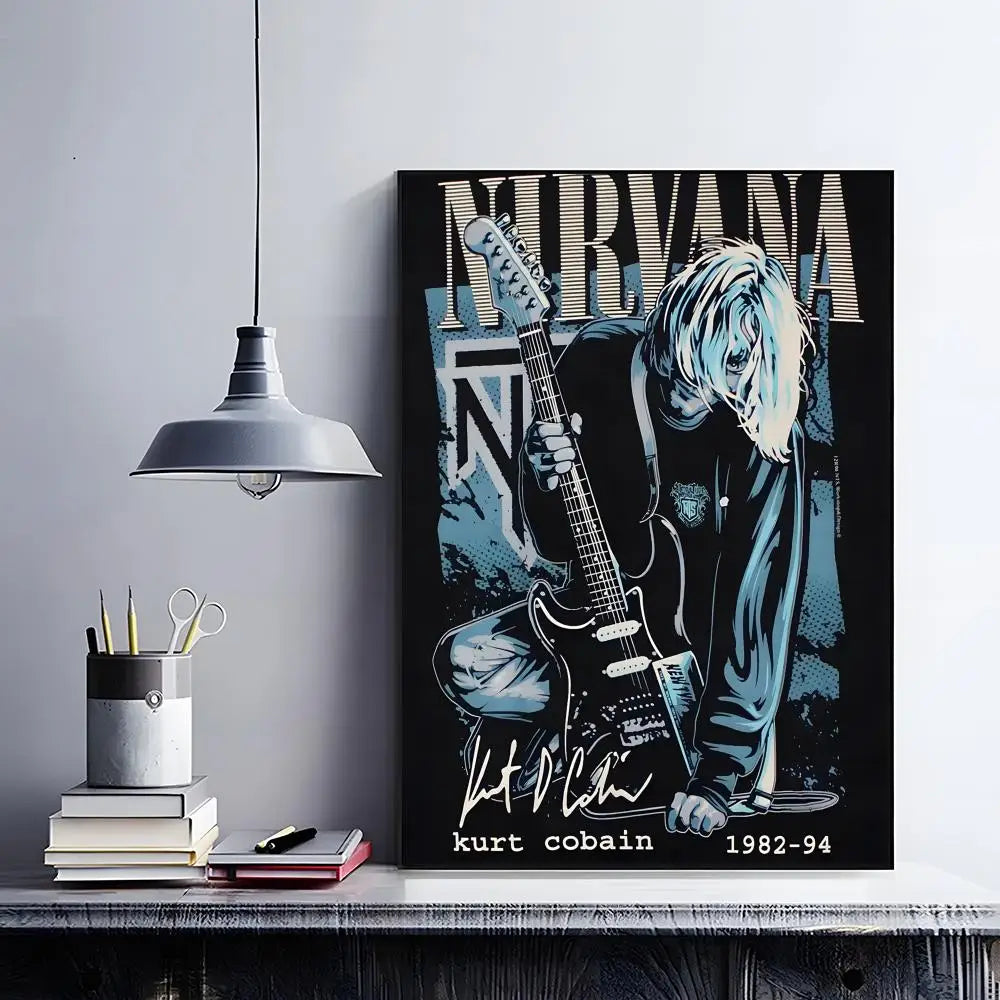 A black poster featuring Kurt Cobain in a grunge style with the text NIRVANA and 1982-94.