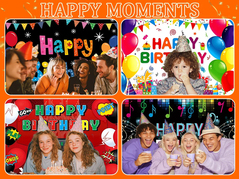 Una pancarta de fondo de cumpleaños colorida con momentos felices, incluyendo gente celebrando y temas de cumpleaños.