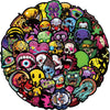 A circular arrangement of various gothic and horror-themed face, skull, and monster stickers.
