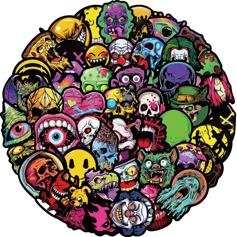 A circular arrangement of various gothic and horror-themed face, skull, and monster stickers.
