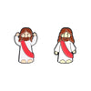 An enamel lapel pin depicting Jesus with long brown hair wearing a white garment and a red sash.